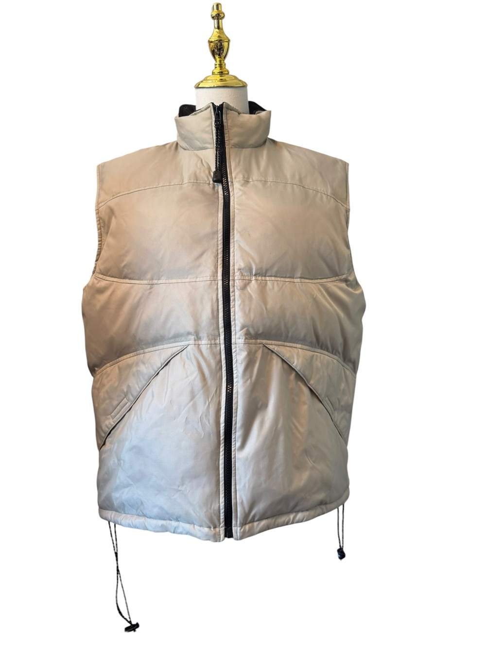 Vintage Structure Men's Down Puffer Vest Beige Tan Full Zip Stand Collar Size L